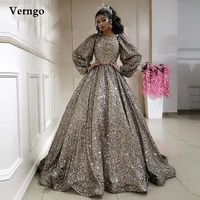 verngo glitter dubai arabic formal evening dresses modest o neck puff long sleeves prom gowns middle east women party dress