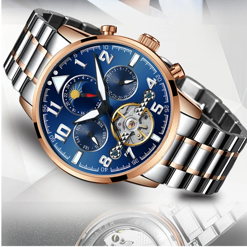 

Automatic mechanical multifunctional Haiqin men's watch business moon phase clock male fashion waterproof watches Reloj hombres