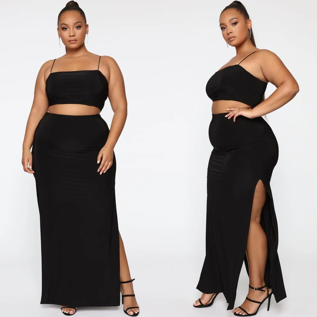 

Sexy Spaghetti Strap Long Skirt Plus Size Sets Casual Dresses Woman Summer 2021 Split Long Dress Suits Large Size Women Clothing