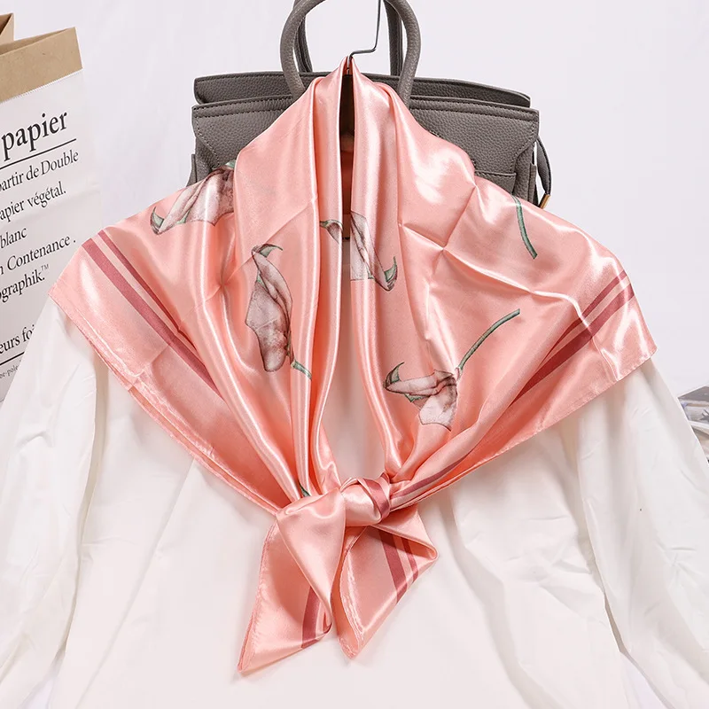 

Fashion Silk Satin Women Hair Scarf Floral Print Handkerchief Shawls And Wraps Hijab Scarfs Female 90*90cm Neck Scarves For Lady
