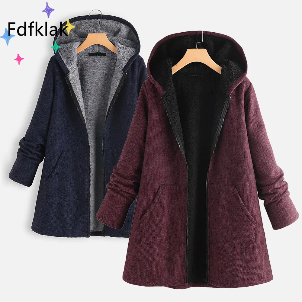 Fdfklak 2021 Autumn Winter New Cotton-Padded Jacket Vintage Casual Plus Velvet Thick Mid-Length Coat Oversized Fleece Hoodie