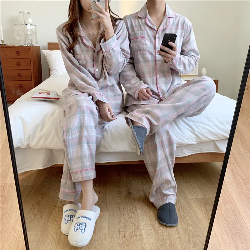 

Autumn Pajamas Set Women Single Breasted Shirts + Trousers Set Plaid Print Two Piece Home Suit Patchwork Sleepwear Couple
