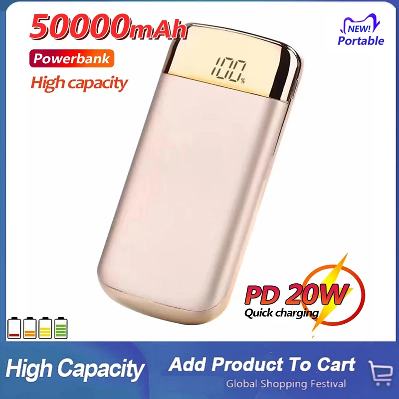 

Top Sale 50000mAh Power Bank Portable Charger Fast Charging with 2USB Digital Display External Battery for Xiaomi Samsung Iphone