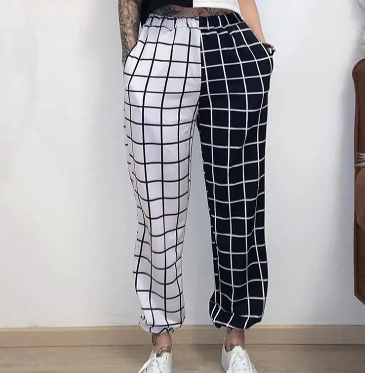 Женские черные и белые длинные штаны-карго в клетку крутые эластичные штаны с