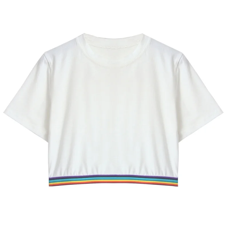 Женская летняя футболка в полоску стиле пэчворк укороченный топ для школьниц