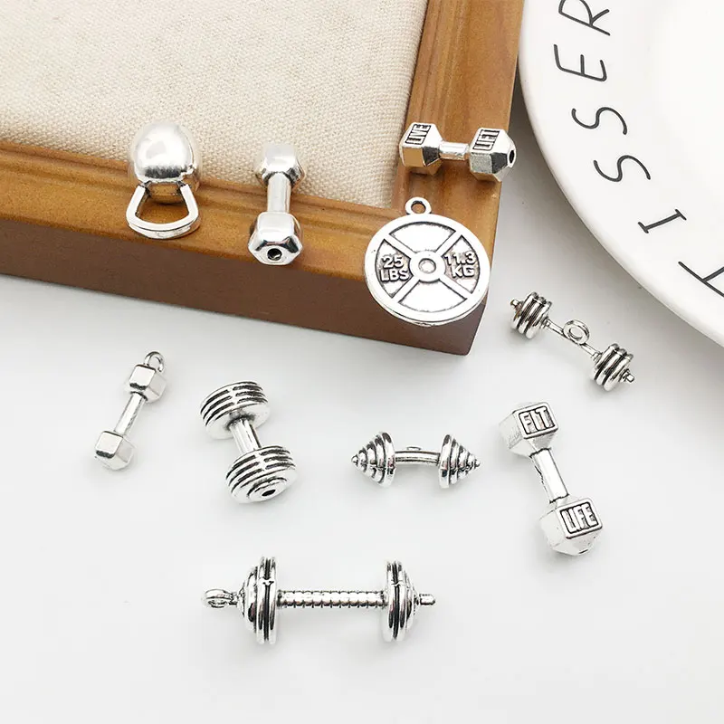 10pcs/Lot Silver Sports Equipment Charms Pendants Collection-Tags Kettle Bell Dumbbell Barbell Weight, Perfect Fashion Necklace