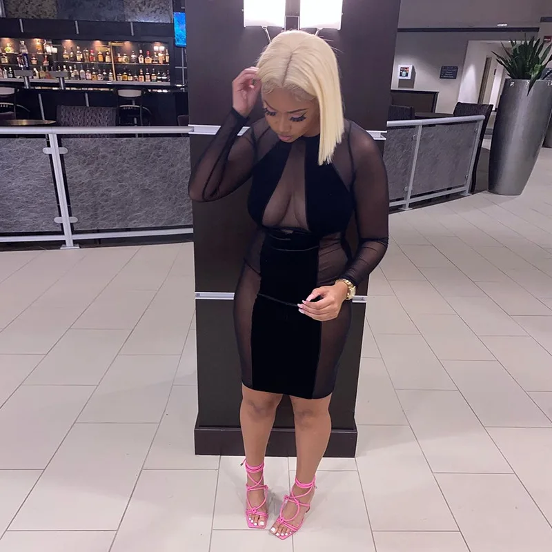 

Fashion Perspective Mesh Stitching Slim Bag Hip Sexy Party Women Dress Long Sleeve Elegant Nice Spring Summer Bodycon Dresses