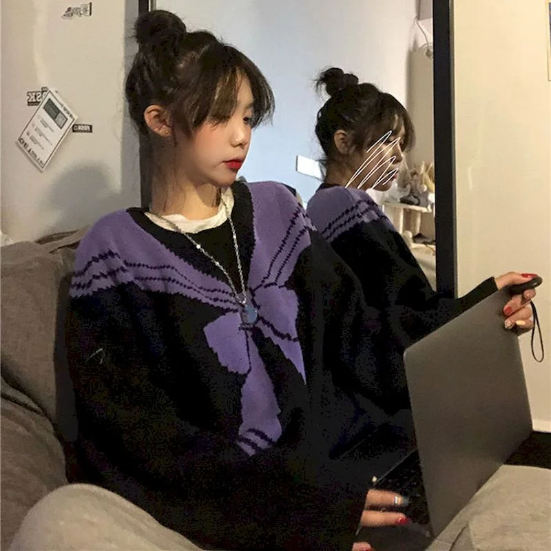 Женский свитер с вышивкой и бантом милый вязаный длинным рукавом в японском