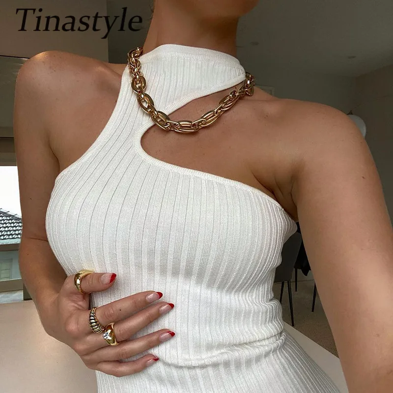 

Женское трикотажное платье Tinastyle, белое длинное вечерние платье с высоким разрезом, без рукавов, черного цвета