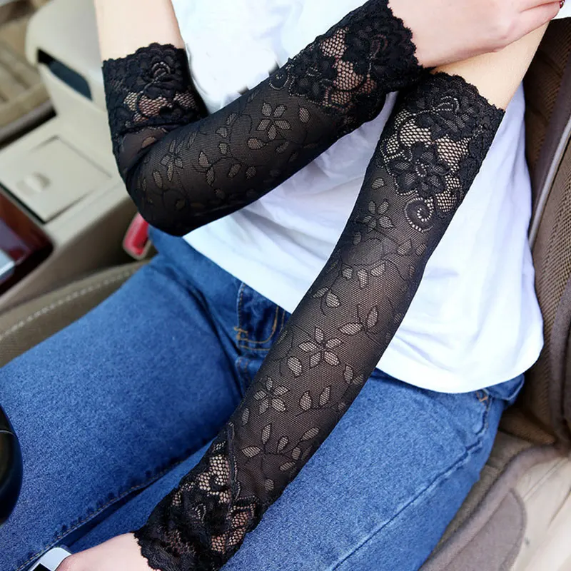 

Summer Women Sexy Lace Gloves Sunscreen Long Lace Fingerless Mittens Black Gloves Covered Elastic Sleeve Ladies Driving Gloves