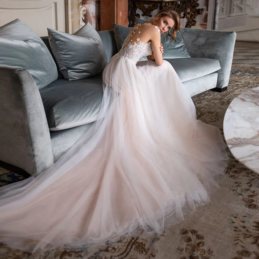 

Elegant Beach Wedding Dress 2021 Sweetheart Cap Sleeve Chapel Train Appliques A-line Tulle Bridal Gowns
