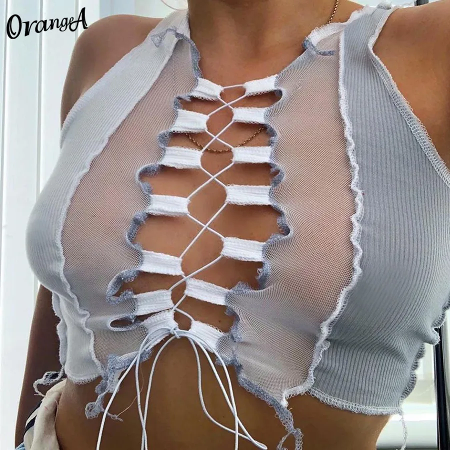 Женский сетчатый топ на шнуровке с вырезами без рукавов|Майки| |