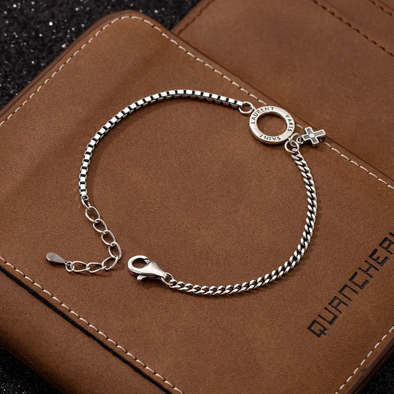 

S925 Sterling Silver Bracelet Vintage Cross Circle Bracelets Bangle Silver Box Chain Simple Girlfriends Hand Jewelry