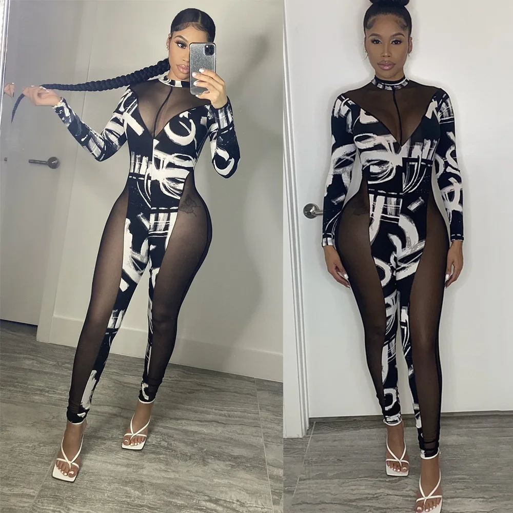 

2021 High-End European And American Autumn New Mesh Stitching Pajama Explosive Sexy Perspective Print Jumpsuit AB6266