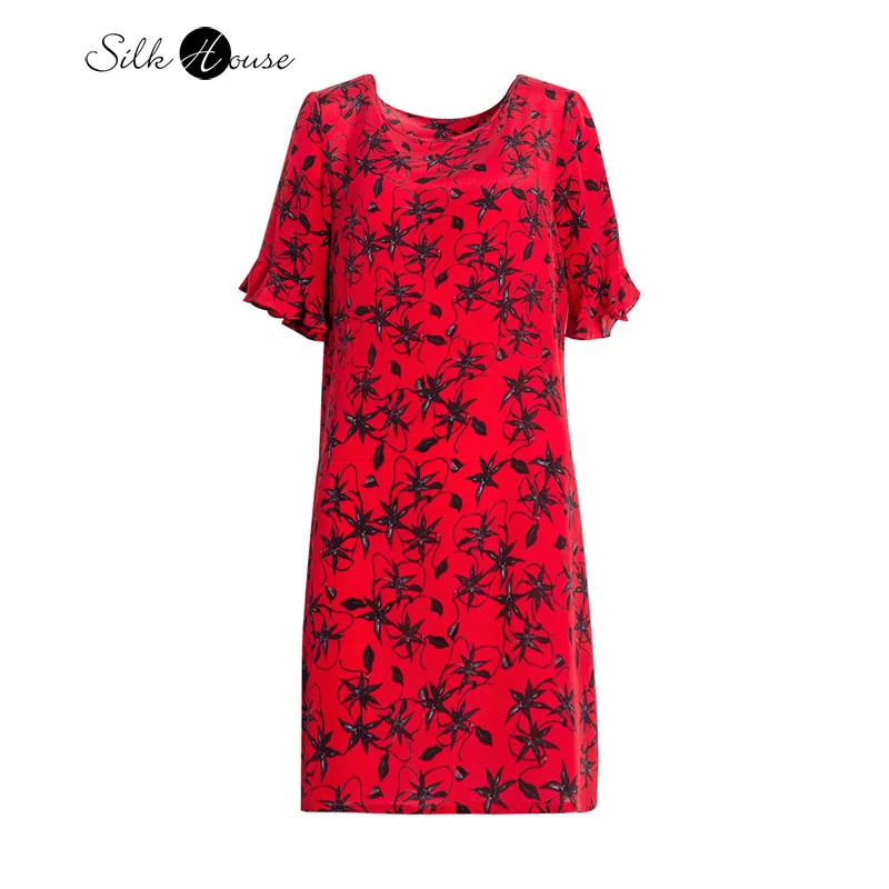 

Temperament Printing Lotus Leaf Sleeve Silk Dress Mulberry Silk Short Sleeve Long Skirt Female Summer 2021 New Style