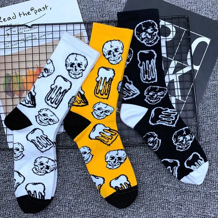 Модные хлопковые носки до середины голени для взрослых череп скелет пиво цвет