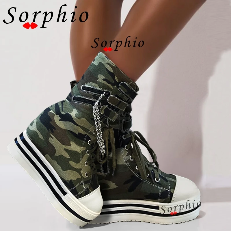 

New Fashion Chains Decorating High Boots Women 2020 lace-up Platform High Top Ankle Boots Height Increasing Shoes Woman