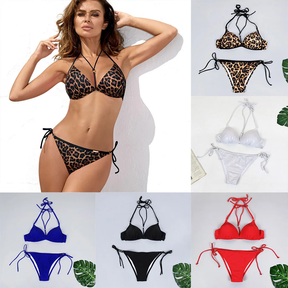 

Sexy String Thong Bikini 2019 Silver Swimsuit Women Push Up Swimwear XXL Biquini Halter 2 Pcs Beachwear Padded Bra Bathing Suits
