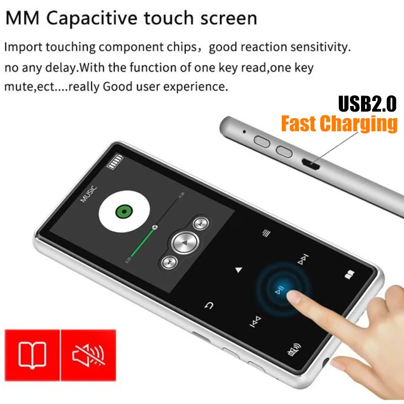 Фото Беспроводной HiFi HD MP3 MP4 плеер 2,4 дюйма, стерео Бас микрофон наушники, кабель быстрой зарядки, динамик FM Запись и TF слот + 32 Гб TF карта №4