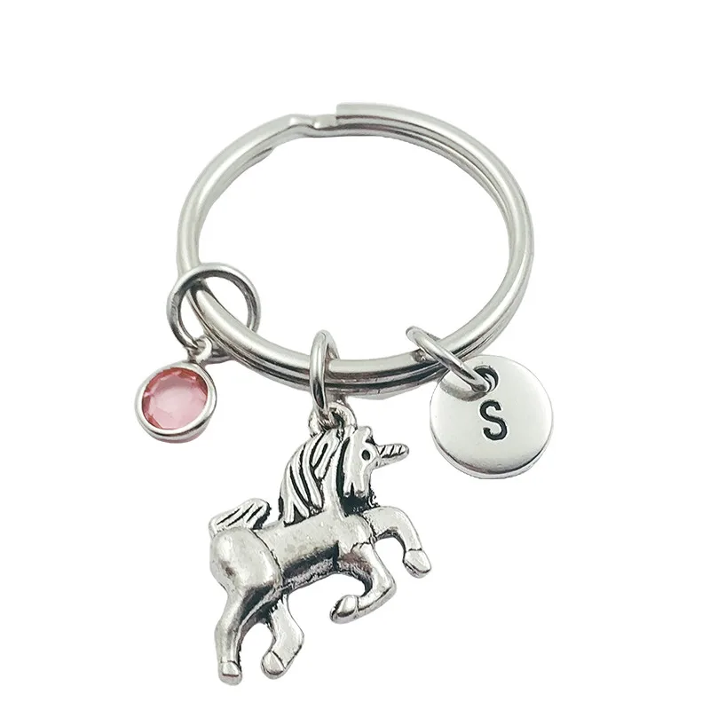 

Unicorn Vintage Initial Letter Monogram Birthstone Keychains Keyring Creative Fashion Jewelry Women Gifts Accessories Pendant