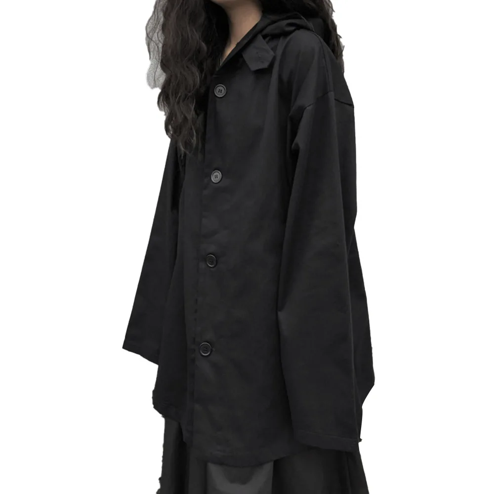 

Streetwear Women Gothic Trench Coat Harajuku Japanese Casual Coats Autumn Spring Hooded Mid-length Loose Long Sleeve Outwear