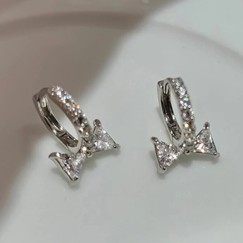 

KOFSAC Shining Charm Bow-knot Crystal Full Zircon Jewelry Gift Girl 925 Sterling Silver Earrings For Women Fashion Accessories
