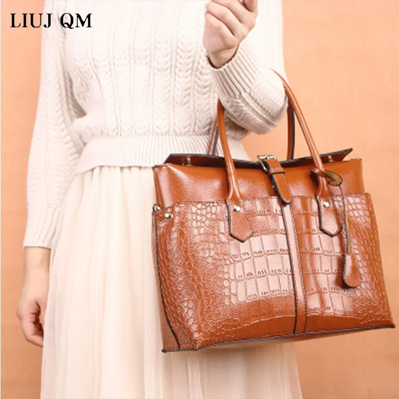 

LIUJ QM Solid Color Pu Leather Satchels Women Fashion Alligator Shoulder Bags Ladies Business Handbag Female Crossbbody Bag