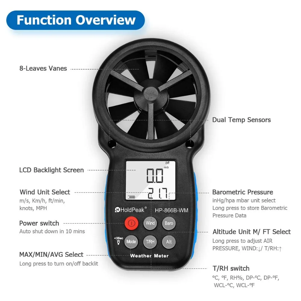 Измеритель скорости ветра Anemometer HoldPeak с цифровым сенсором чашка Anemometro 30 м/с ЖК
