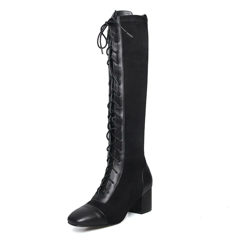 FEDONAS Women Cross Tied Knee High Boots Winter Newest Sexy Long Boots Night Club Shoes Woman Genuine Leather Warm Flock Boots