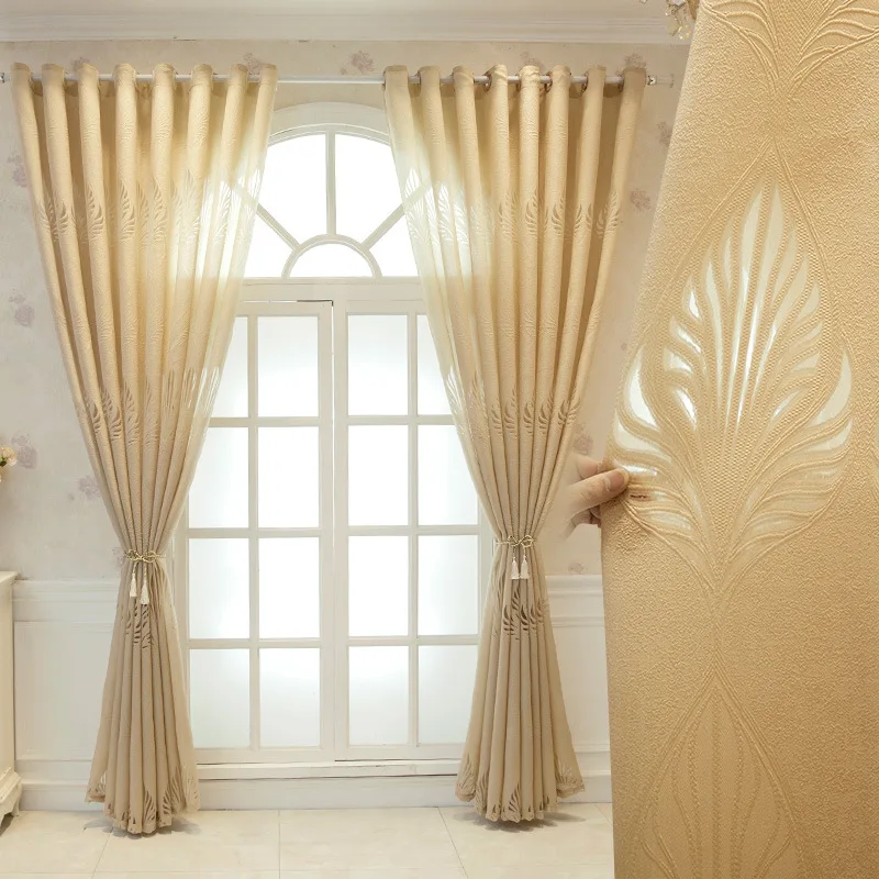 

Simple and Modern Curtains for Living Dining Room Bedroom Yellow Leaf Yarn Jacquard Hollow Transparent Light ImpermeableCurtain