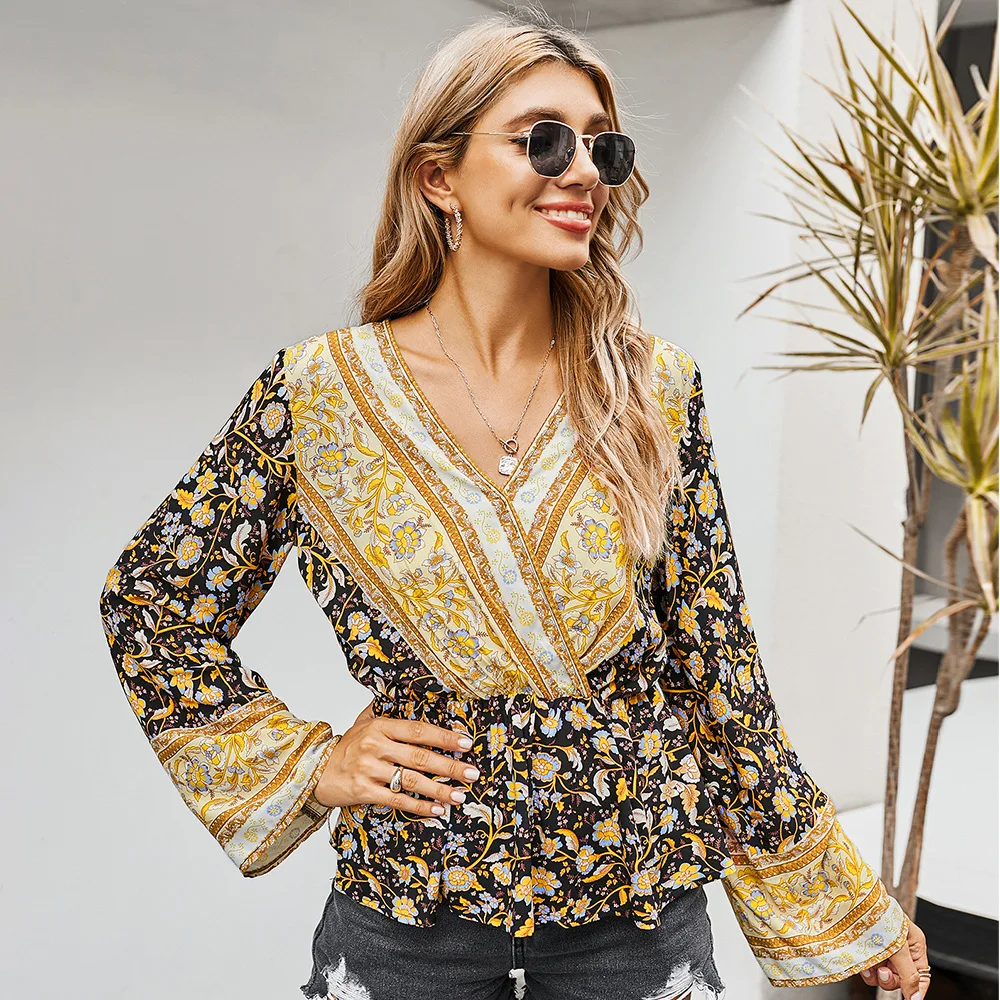 

Women's autumn V-neck waist collection holiday print top