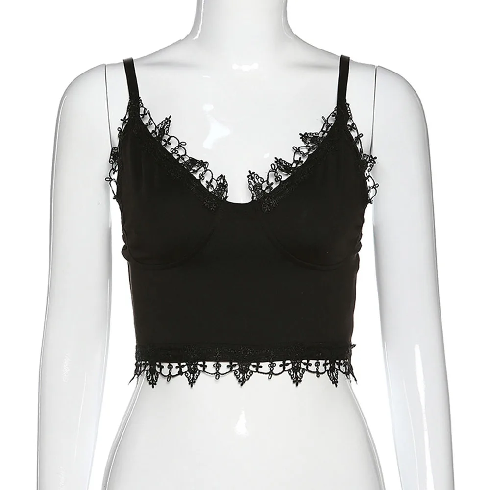 Кружевной сексуальный топ на бретелях женский черный укороченный лето 2020