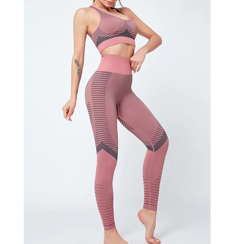 CB165 pink Бесшовный комплект для йоги, одежда для фитнеса, спортивная одежда, высокая талия, женские леггинсы для спортзала, колготки, мягкий пуш-ап спортивный бюстгальтер, 2 шт., спортивные костюмы - Цвет: CB165 pink
