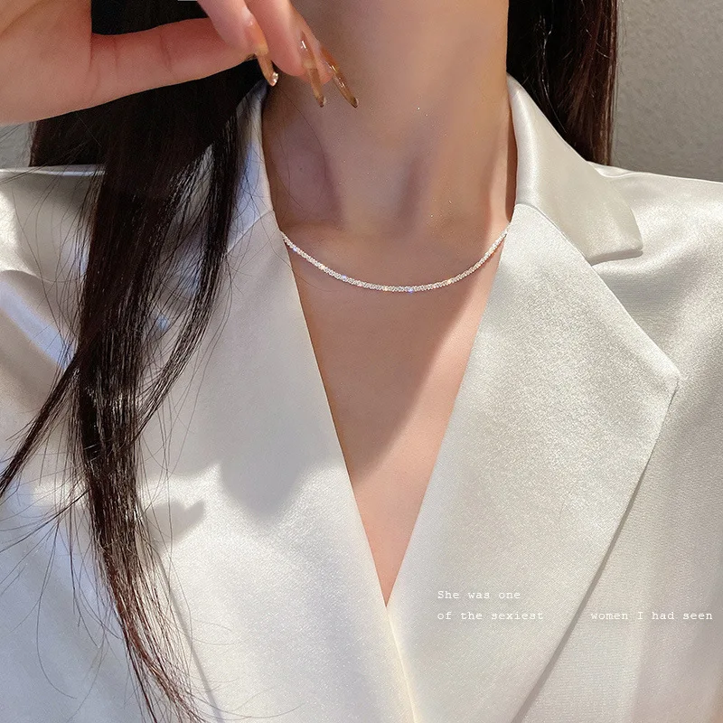 

Trendy Silver Sparkling Clavicle Chain Choker Necklace For Women Fine Jewelry Wedding Party Birthday Gift Dress Accessories