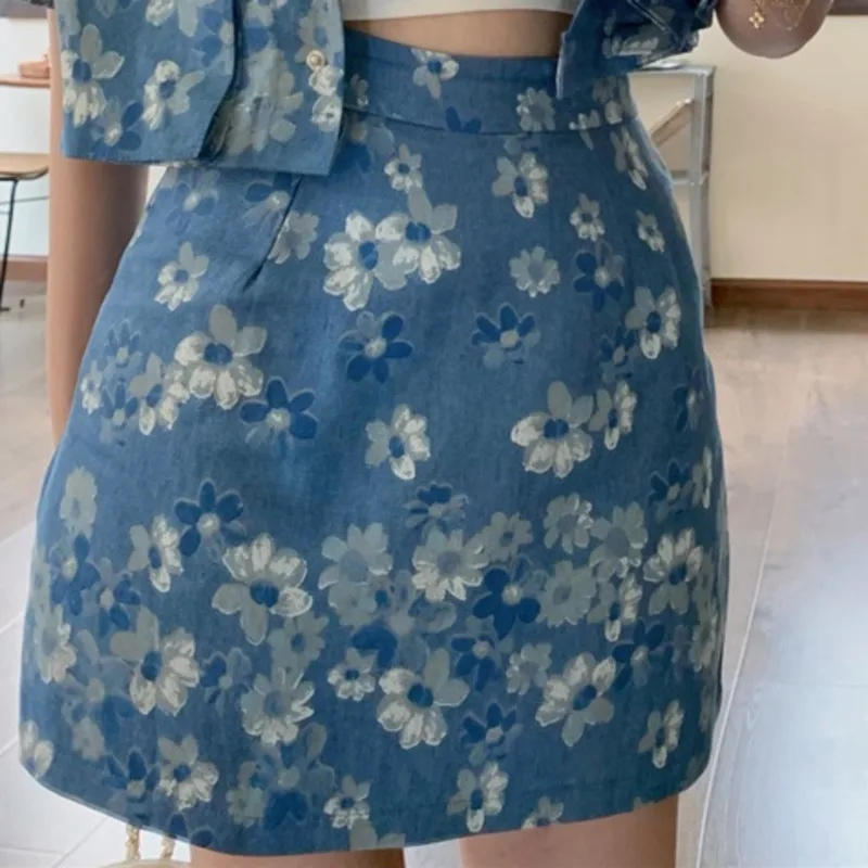 

Women Two Piece Set 2021 Summer New Retro Casual Floral Denim Jacket Female Korean Version Loose Short Top A-line Skirts Suits