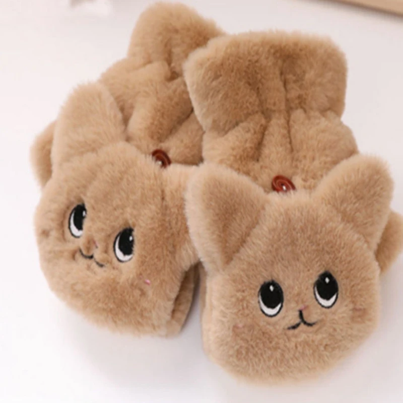 

Women Cute Cartoon Bear Panda Half Finger Flap Wool Knit Mitten Winter Female Thicken Plush Cashmere Warm Touch Screen Glove