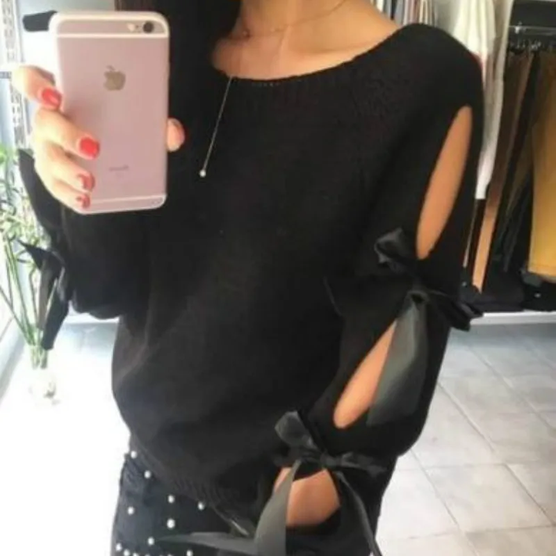 

2020 Popular Autumn and Winter New Women's round Neck Fashion Hollow Lace-up Bow Pullover Knitting Shirt Sweater Women's Shirt