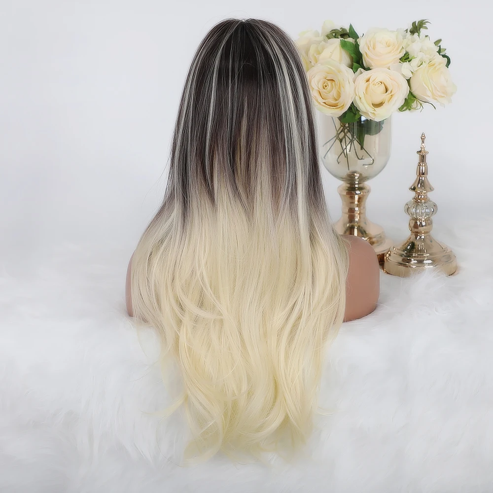 Длинный синтетический парик блондинка Единорог темные корни Омбре светильник
