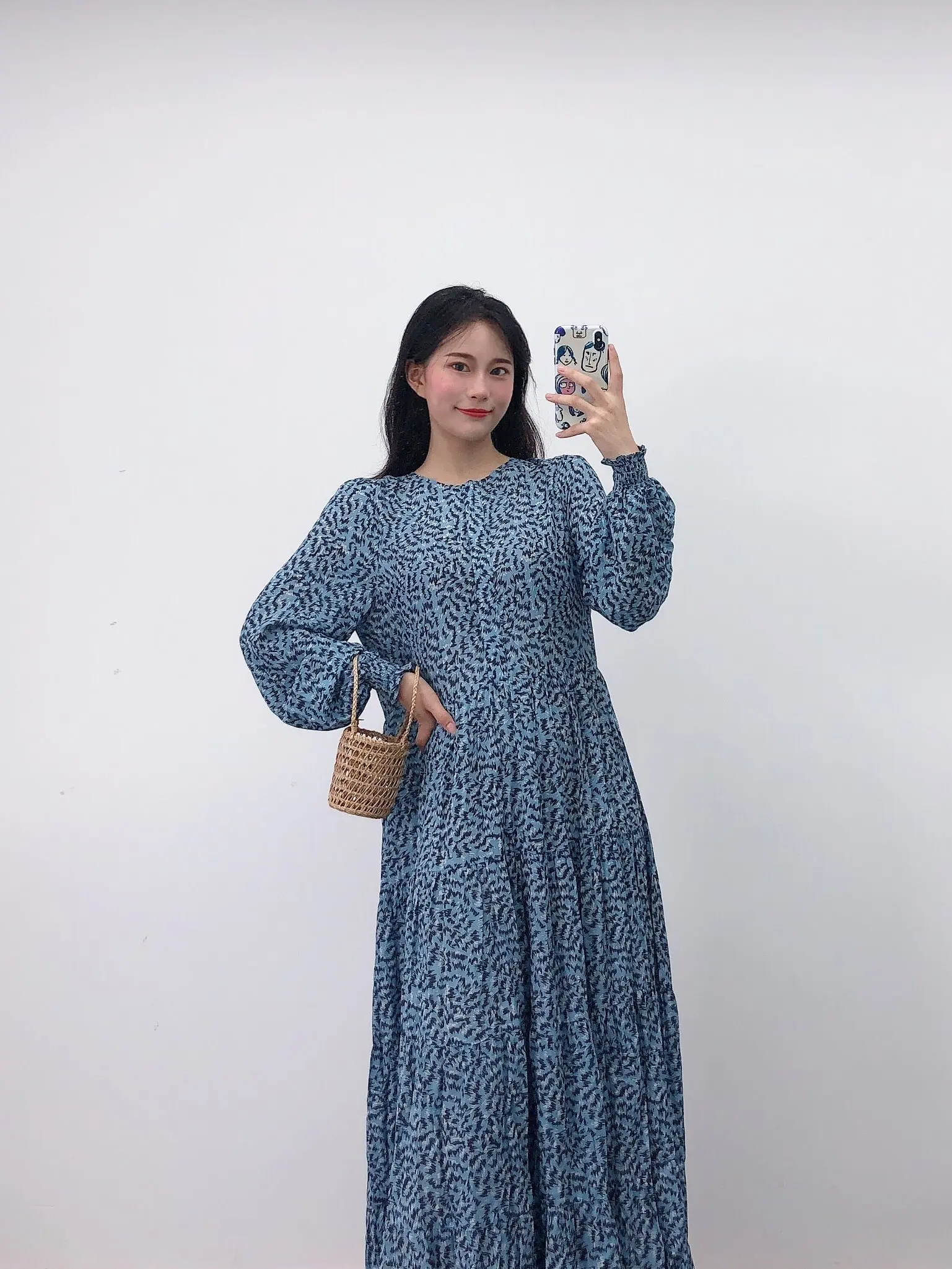 Винтажное богемное Голубое Платье макси с цветочным принтом женское осеннее