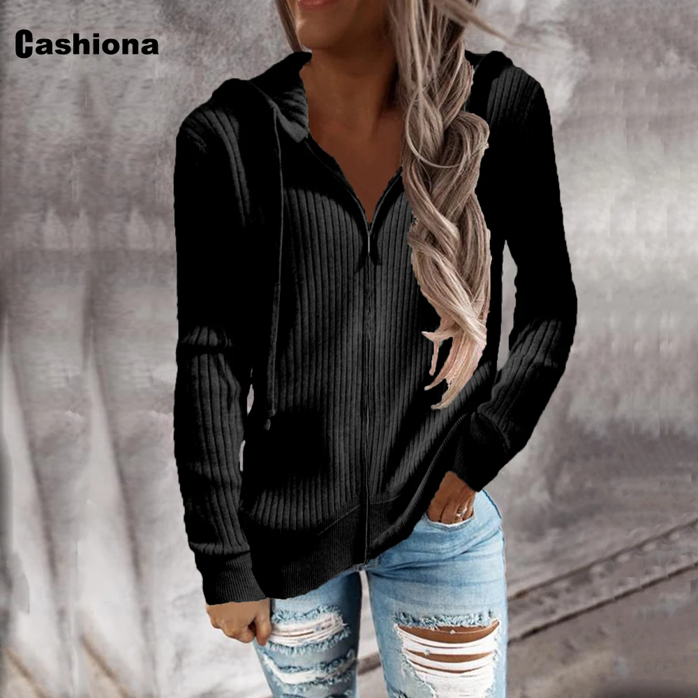 

Cashiona Women Fashion Hooded Top Knitted Sweatshirt Long Sleeve Zipper Cardigans Ladies Streetwear 2021 Autumn Female Hoodies