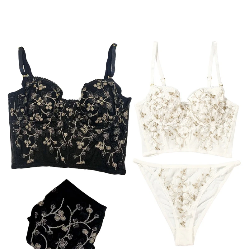 

Women Embroidered Floral Applique Lingerie Set Push Up Underwire Bustier Corset Bra and Low Waist Panty 2 Pieces Sexy Sheer M7DD