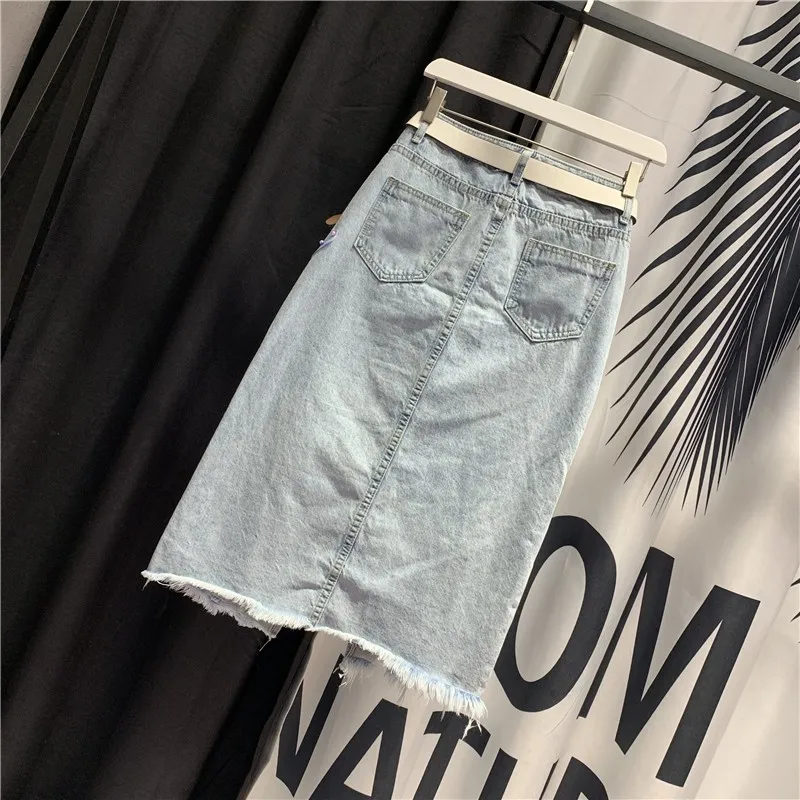 Женские джинсовые трапециевидные юбки с высокой талией и вышивкой украшенные