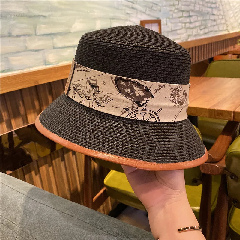 Sun Hats for Women Straw Ribbon Women Bucket Hat INS Summer Female Cap Visors Wide Brim Flat Top Beach Hat for Lady 2021 New