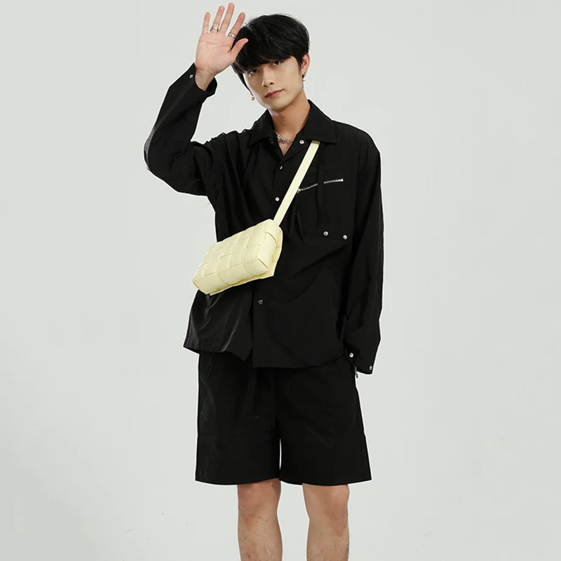 

IEFB Men's Clothing 2021 Spring Summer New Korean Zipper Design Long Sleeve Shirts + Fashion Loose Shorts Two Piece Set 9Y5692