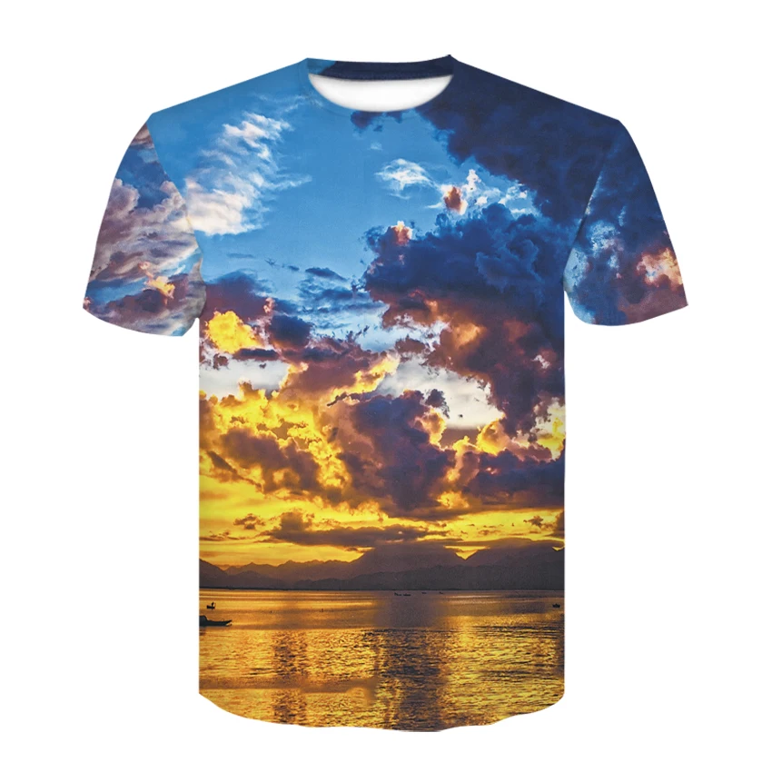 

Summer Breathable Round Collar short-sleeved T-shirt Creative 3D Landscape Print men's Fashion Casual T-shirt