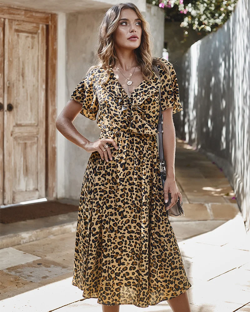 

Donsignet Fashion Women's Dress New Summer Casual V-neck Leopard Print Waist Short-sleeved Dress Mid-Calf Dresses for Women