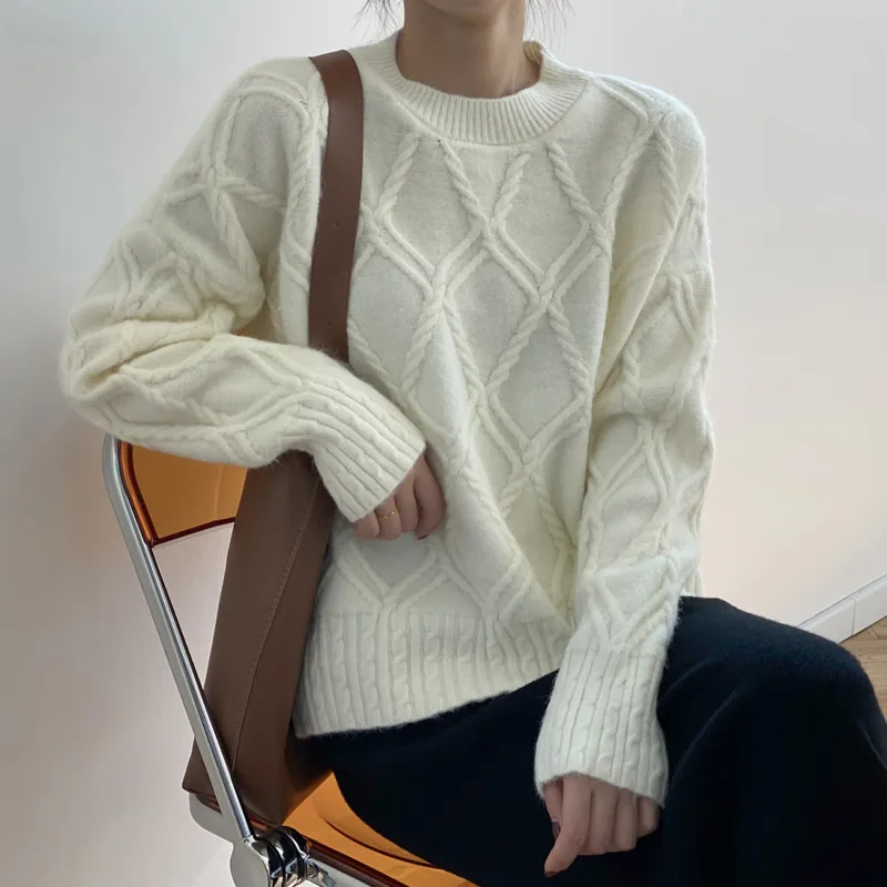 

Drop Shoulder Sleeve Knitted Sweater Soft Solid Color Warm Argyle Sweaters Casual Womens Pullovers 2020 Autumn Winter 5 Colors