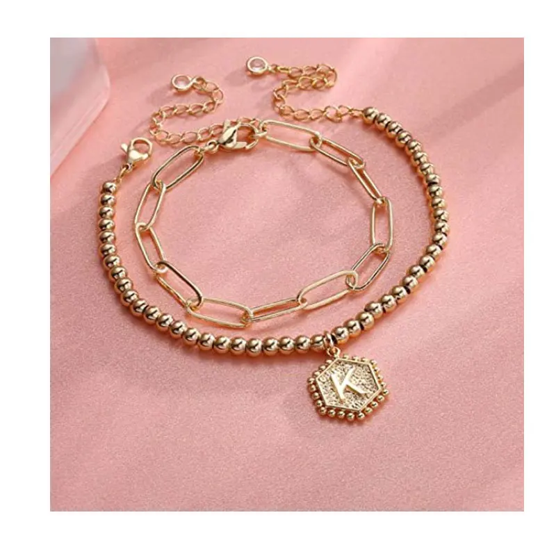 

Fashion Initials Bracelet for Women Bracelets Bangle Bead Letter Hexagon Pendant Multi Layered Paperclip Link Chain Jewelry Gift