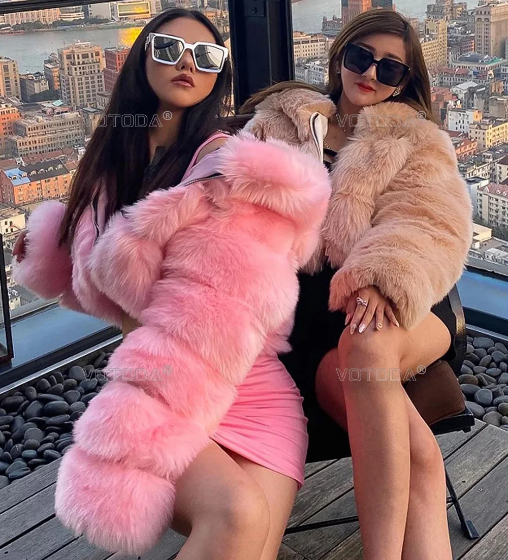 2021 Fashion Winter Women Faux Fur Crop Coats Long Sleeve Fluffy Zip Hooded Female Warm Furry Short Jacket Women Fluffy Top Coat