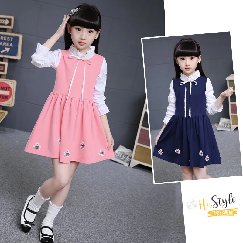 

Girls summer fashion long-sleeved dress shirt dress girls patchwork casual children shirt dress girls school uniform wholesale